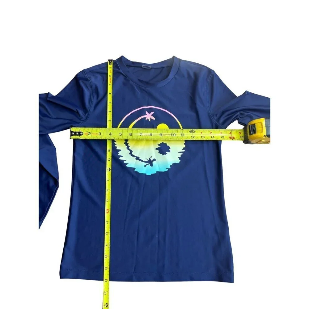 Old Navy Swim Top Girls Navy Blue Long Sleeve Shirt With Tropical Graphic Design